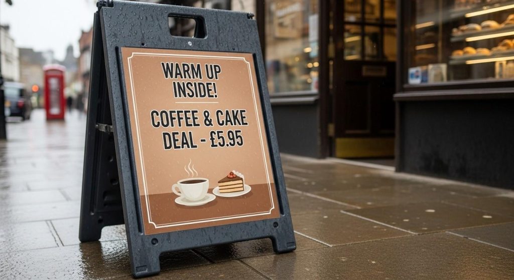 The Benefits of Plastic Signs for Small UK Businesses 2 Outdoor plastic sign on a pavement showing a café promotion in the UK.