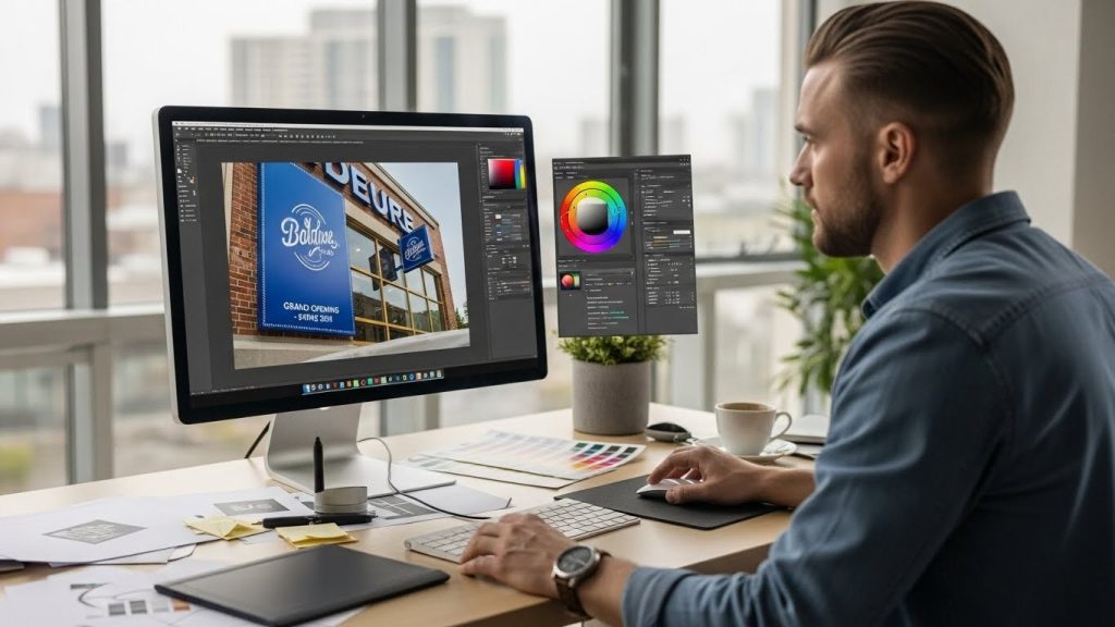 Common Outdoor Signage Mistakes Businesses Should Avoid 1 (Designer creating an outdoor signage mockup on computer.)
Outdoor Signage Mistakes