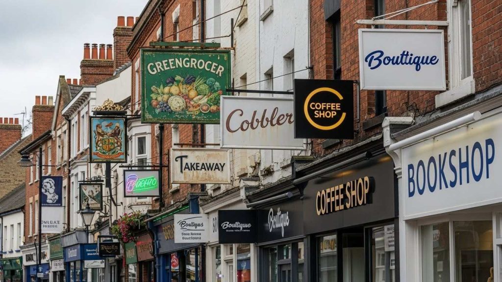 How Weather Conditions Impact Outdoor Signage Lifespan 4 various outdoor signs mounted on buildings along a typical UK high street, with some signs being weathered and faded while some are new and fresh.