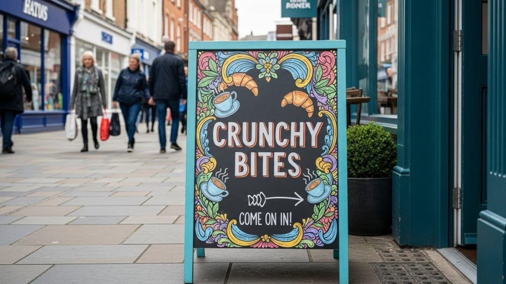5 Creative Uses of Portable Outdoor Signage for Events & Businesses 2 Portable outdoor signage displayed on entrance of small aesthetic cafe named "Crunchy bites" in a busy UK high street.