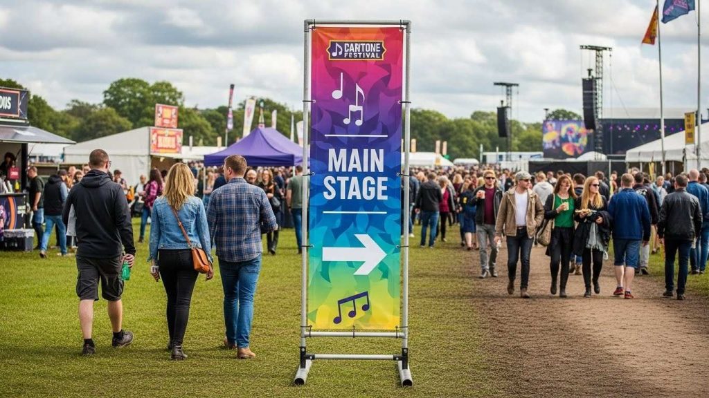 5 Creative Uses of Portable Outdoor Signage for Events & Businesses 1 Directional portable outdoor signage in the form of banner at a busy UK festival.
