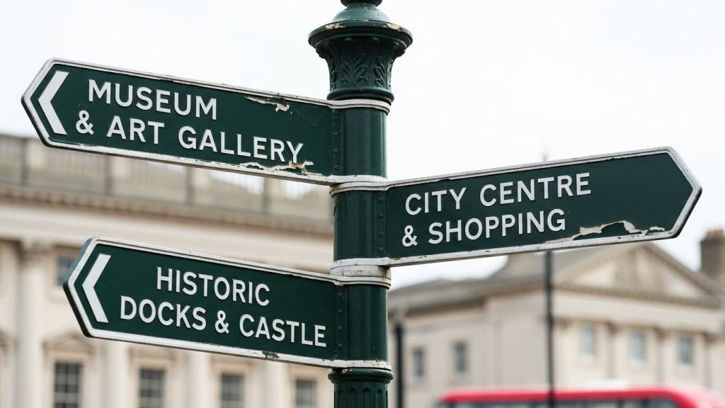 City Branding Signs: How Exterior Signage Shapes Urban Identity and Tourism 2 (City branding signs used for wayfinding by tourists in a UK city)city branding signs