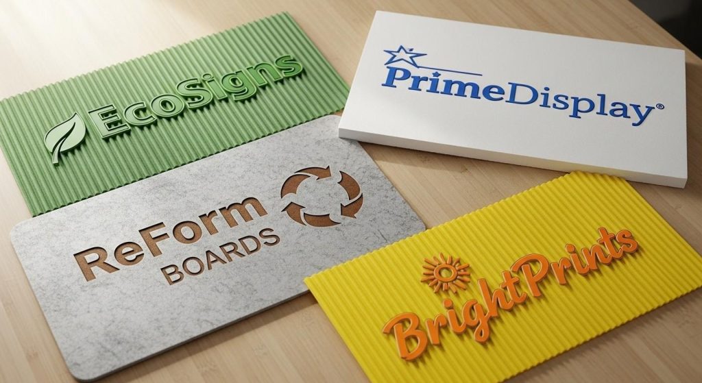The Benefits of Plastic Signs for Small UK Businesses 1 Different types of plastic signs lying on a table including corrugated, PVC foam, and recycled options with different brand names and logos on them.
