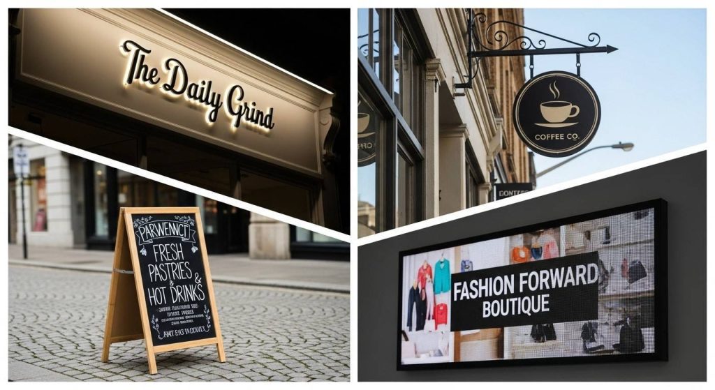 The Ultimate Guide to Choosing Effective Shop Signs for UK & Manchester Businesses 1 (Collage showing fascia sign, projecting shop sign, pavement shop sign, and digital shop sign, representing different types of shop signage.) shop signs