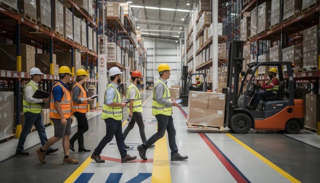 A Complete Guide to Choosing the Right Warehouse Signs 1 (Warehouse workers in high visibility safety vests walking along a marked pedestrian pathway, with forklifts maneuvering in the background)warehouse signs
