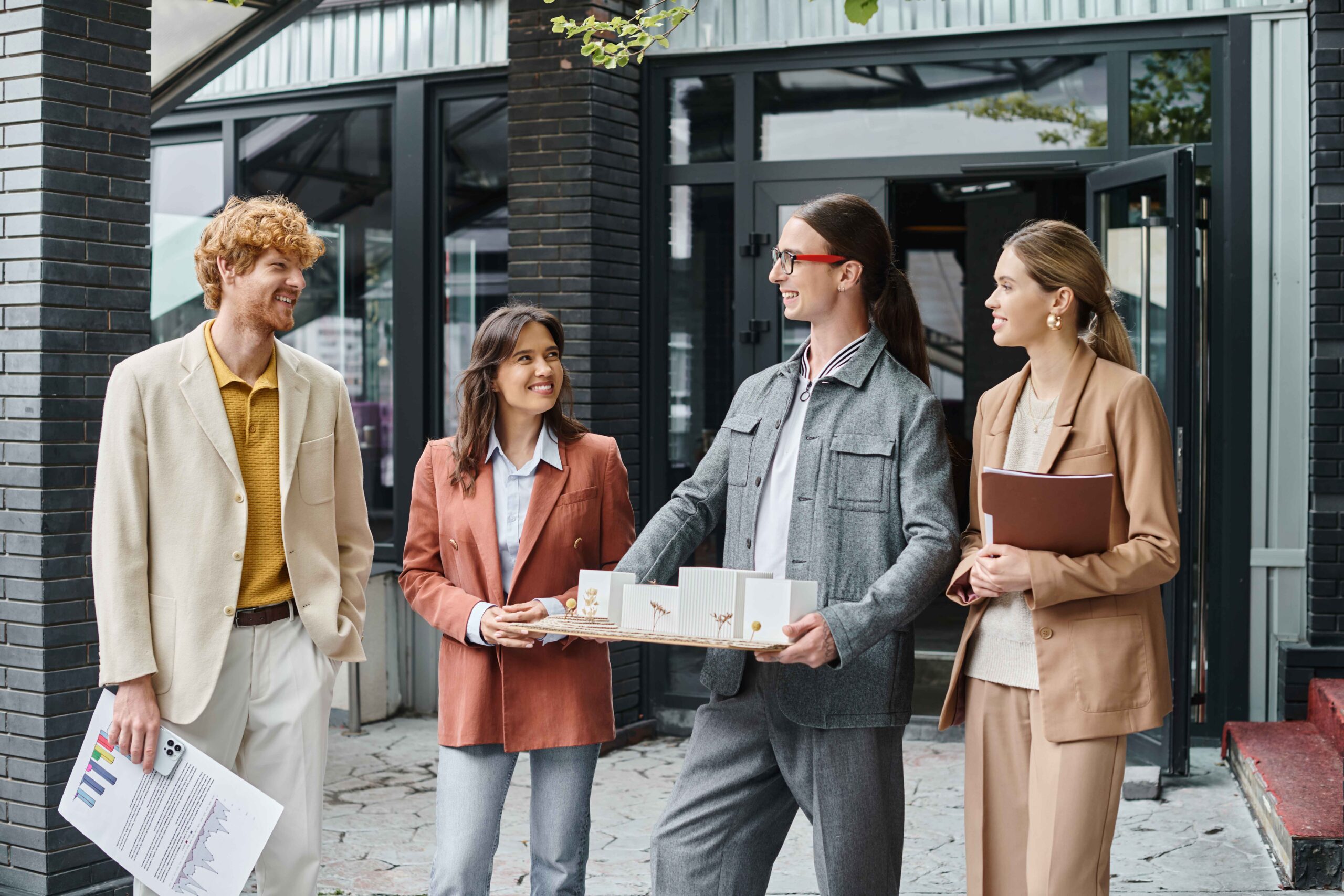 Three business people discussing lease services while standing outside a modern office building