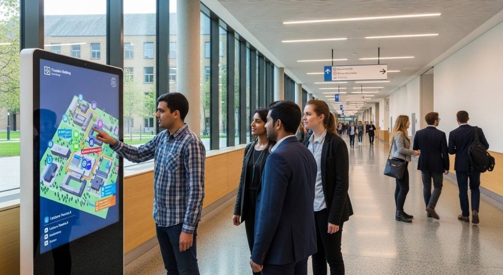 Wayfinding Signage: Improving Customer Experience in Large Buildings 2 Visitors using corridor wayfinding signage in a large UK university, showing people following arrows and checking room numbers while navigating efficiently.