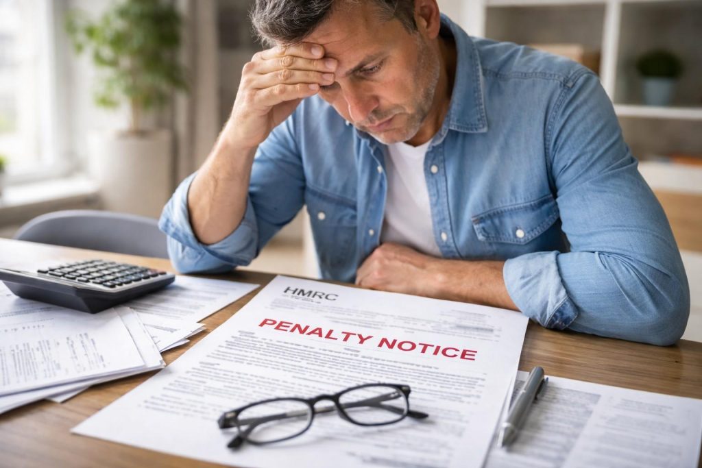 A concerned UK landlord sitting with HMRC penalty notice on desk along with other documents and a pen.