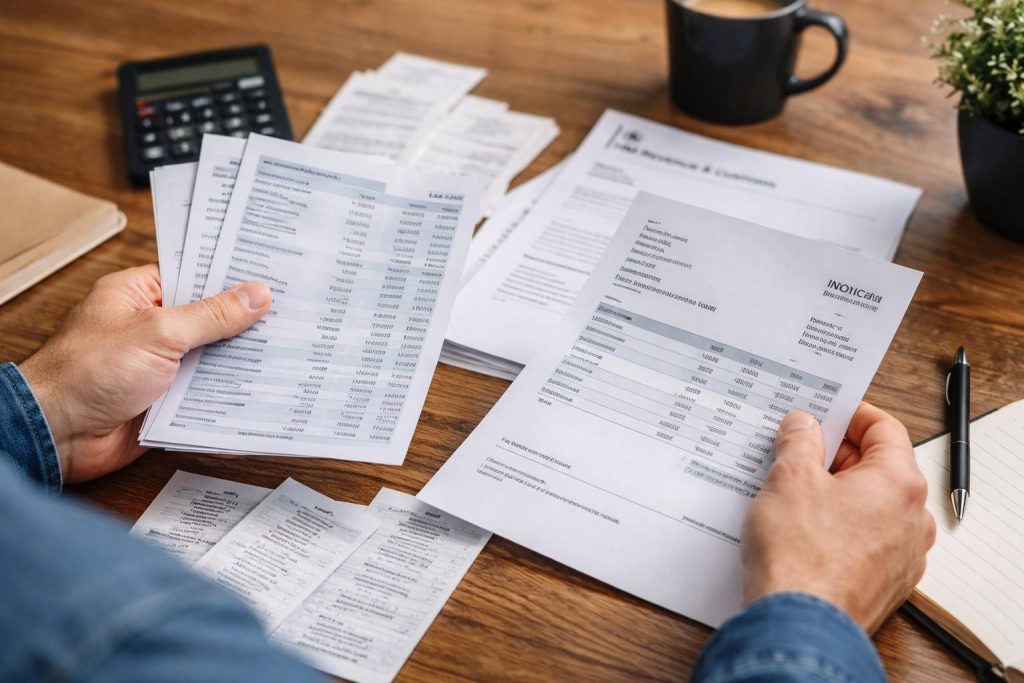 Close-up of a person holding bank statements, invoices and expense receipts requested during an HMRC tax investigation