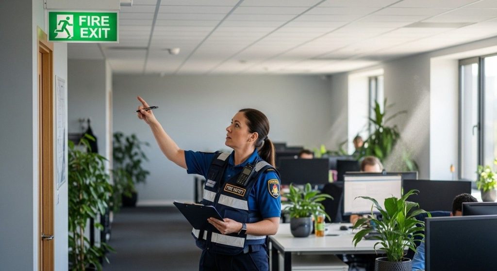 Fire Exit Signage Regulations in the UK Explained 2 UK fire safety officer checking fire exit signage compliance in an office environment.