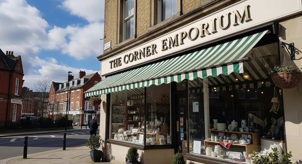 UK signage regulations : What Businesses Must Know 3 Exterior of a UK high street shop displaying a professionally installed business sign above the entrance, clearly visible from the pavement in daylight.