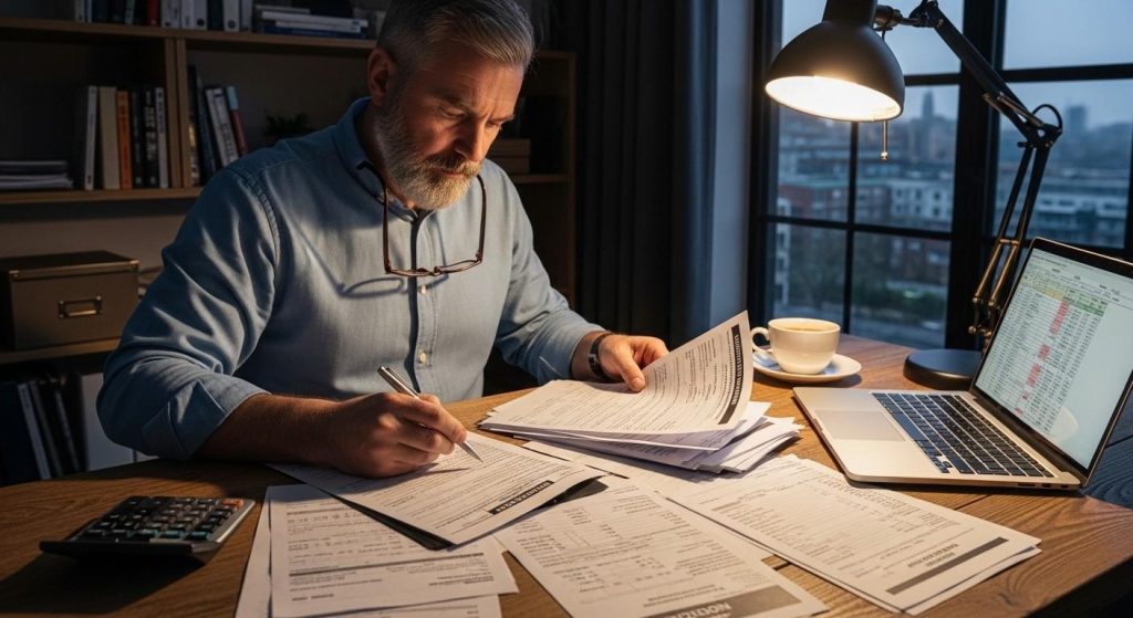 UK landlord sitting at a home office desk, reviewing repair invoices, letting agent fees, and insurance receipts to calculate allowable expenses for rental income taxation.