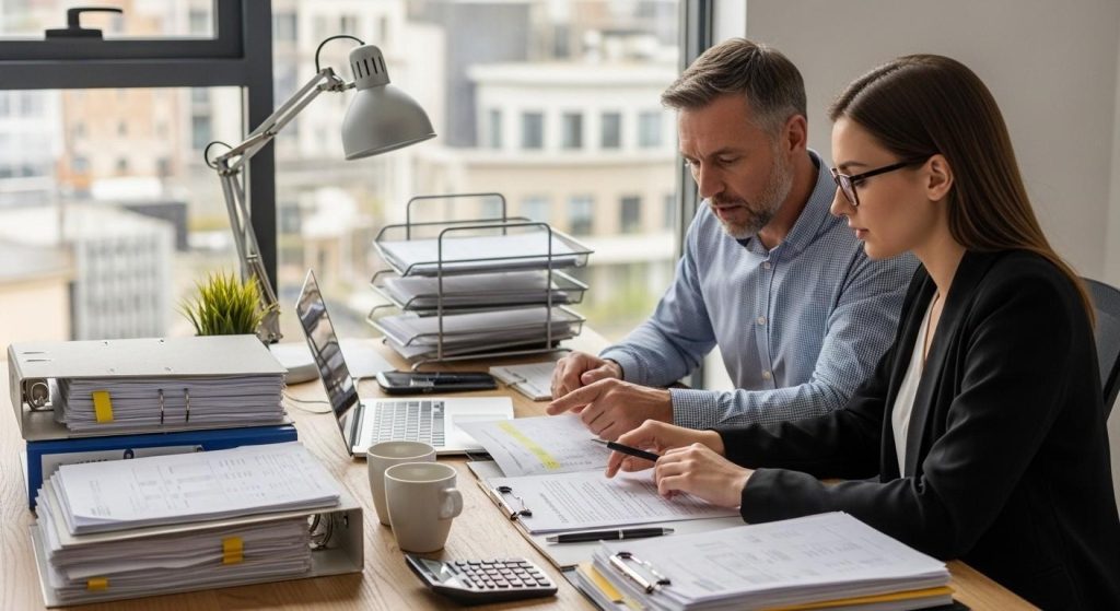 UK landlord preparing an appeal letter with tax advisor for HMRC penalties with supporting financial documents neatly organised on desk.