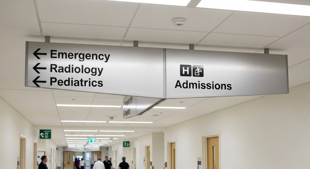 Wayfinding Signage: Improving Customer Experience in Large Buildings 1 (Indoor wayfinding signage in a UK hospital corridor showing clear directional arrows, floor numbers, and department names to guide visitors efficiently.)wayfinding signage
