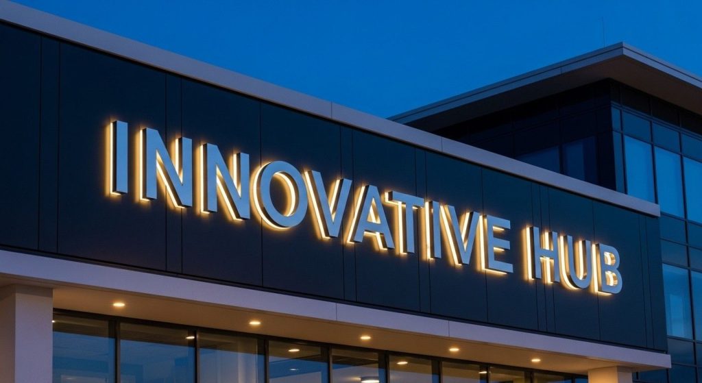 Commercial Signage Solutions for Modern Businesses 1 (Close-up of illuminated 3D built-up letters mounted on a modern office building exterior in the UK, showing material finish and depth.)commercial signage