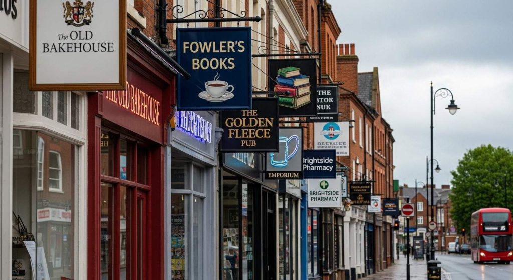 Business Signage Ideas That Improve Visibility and Brand Recall 5 Various types of business signage on UK high street shops including fascia signs, hanging signs, and window graphics.