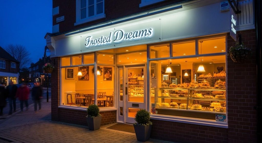 Cost of business signage UK: What Affects Pricing? 1 Medium-sized illuminated shop sign on a UK high street showing the impact of size and materials on business signage cost.