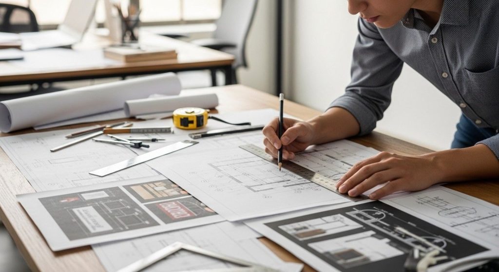 UK signage regulations : What Businesses Must Know 2 (Architectural drawings of a shopfront sign layout spread across a desk with measuring tools representing signage planning.) UK signage regulations