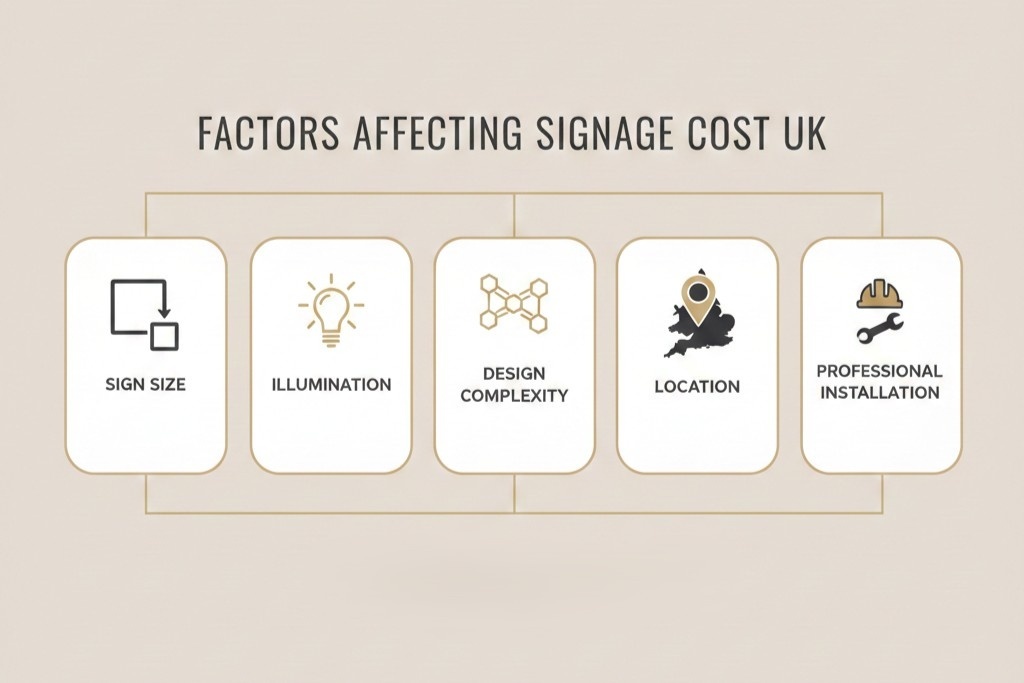 Cost of business signage UK: What Affects Pricing? 1 (Infographic showing the main factors that influence the cost of business signage UK including size, materials, illumination, design, location and installation,)cost of business signage UK