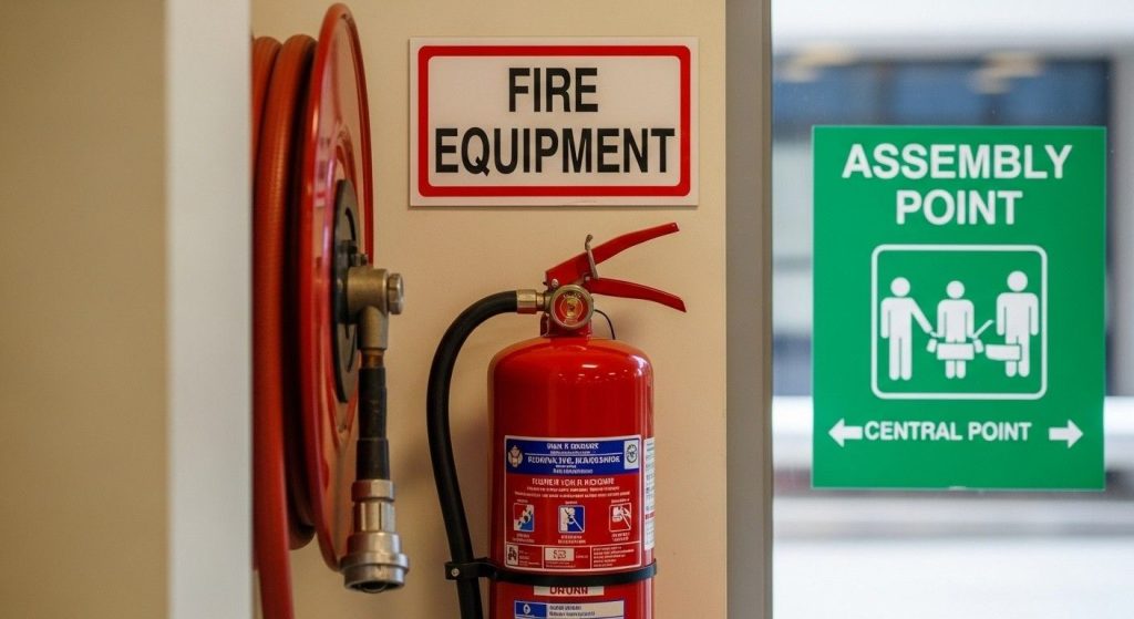 Fire Exit Signage Regulations in the UK Explained 1 (Fire extinguisher mounted on a wall with a clear fire equipment sign above it and assembly point signage visible outside.)fire exit signage