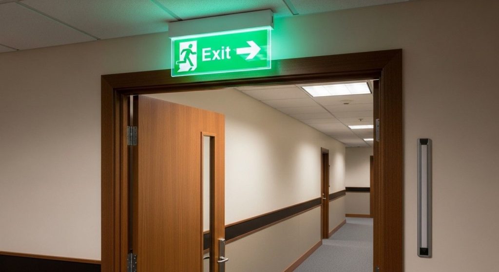 Fire Exit Signage Regulations in the UK Explained 2 A well-lit and well-placed standard green fire exit sign with directional arrow mounted above a doorway in an office corridor.