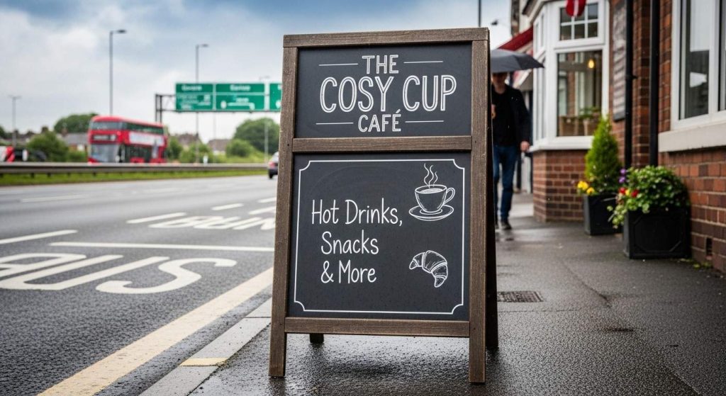 Do You Need planning permission for signs in the UK? 2 Pavement A-board on a UK sidewalk requiring highways permission and planning compliance for business signs.