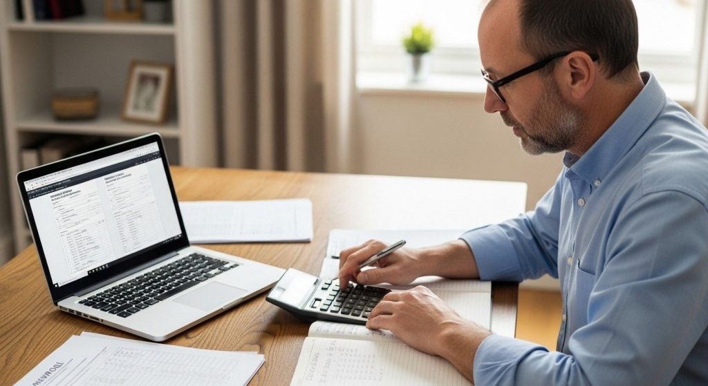 (Landlord calculating total payroll liability and interest amount using calculator, notebook, and laptop with HMRC statements on screen.)HMRC payroll penalties