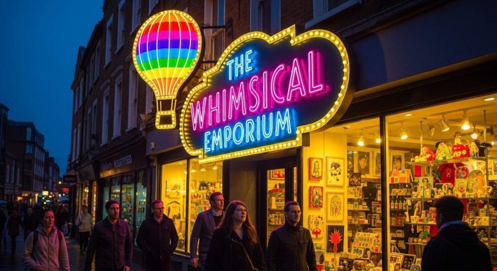 (Outdoor illuminated shopfront sign in the UK attracting pedestrians and creating a strong first impression.)business signage