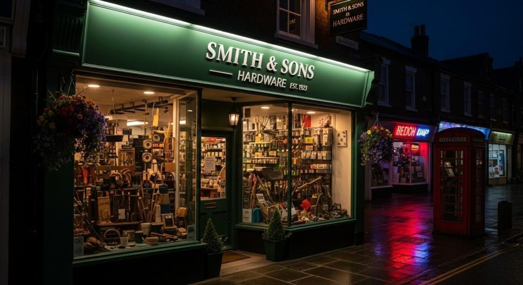 Shop Front Signage Ideas for High Streets and Retail Parks 1 (Shop in the UK with an LED lightbox sign above the entrance, providing even illumination across the fascia panel at night.) shop front signage ideas