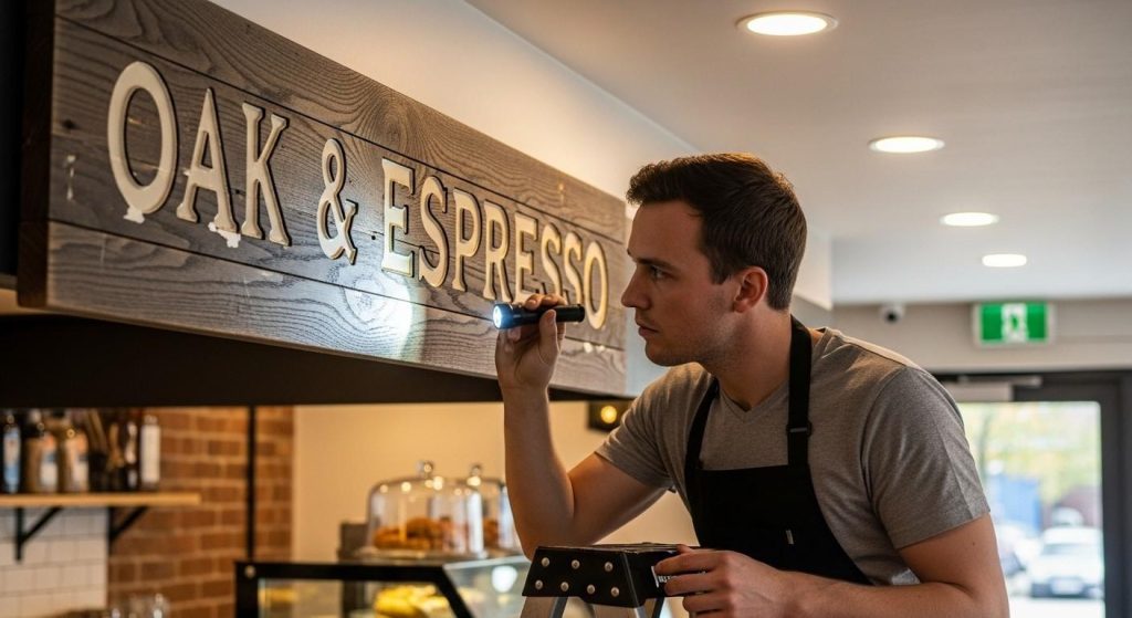 Indoor Sign Maintenance: How to Keep Your Signage Looking New 1 (A worker inspecting a brand indoor signage inside a coffee house for scratches or peeling vinyl.) indoor sign maintenance
