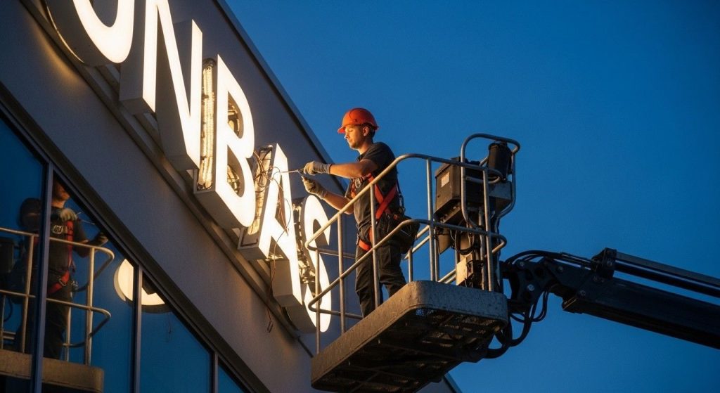 Cost of business signage UK: What Affects Pricing? 2 Signage professional installing an illuminated shop sign in the UK, highlighting the importance of expert installation in overall costs.