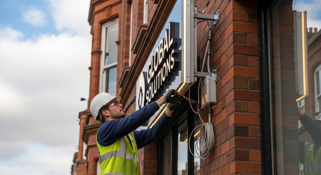 Commercial Signage Solutions for Modern Businesses 2 Professional installer in safety gear fitting illuminated commercial signage to a UK building facade, showing correct mounting and electrical setup.