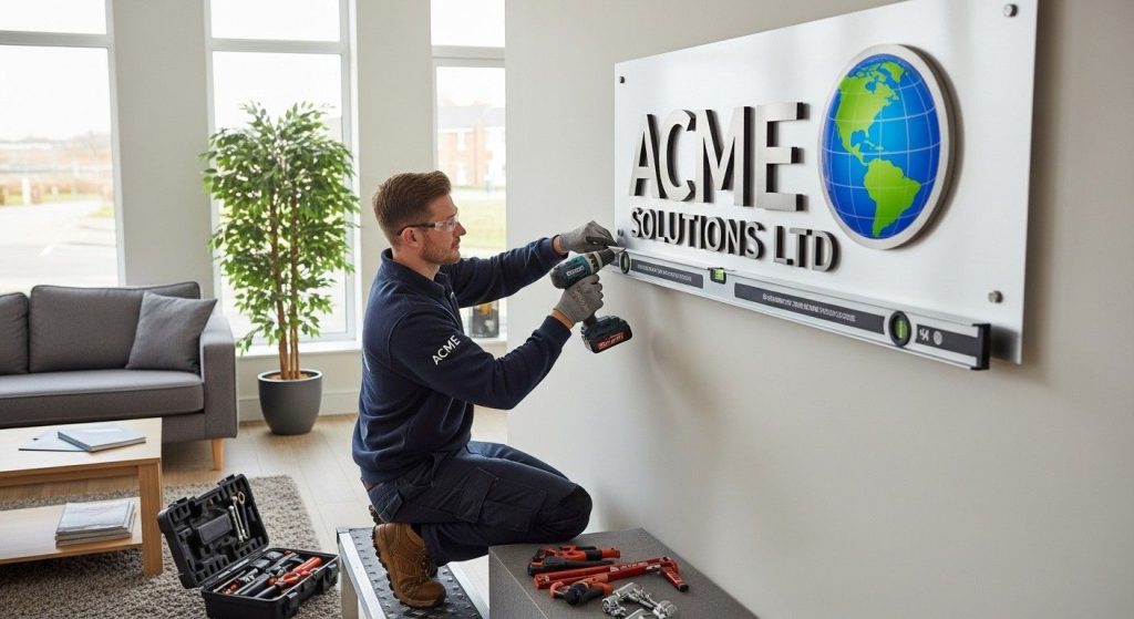 Reception Signs That Create a Strong First Impression for Businesses 2 Professional installer mounting a reception sign in a UK office reception, demonstrating safe and accurate installation methods.