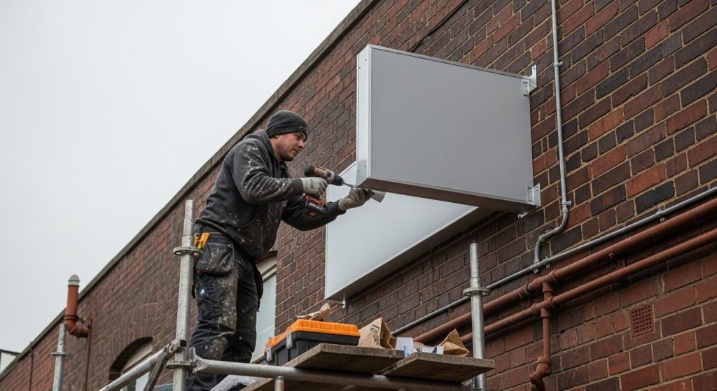 Business Signs UK: Types, Costs & Best Practices 2 Professional installation of an aluminium outdoor sign on a UK building façade, showing secure fixings and positioning for maximum visibility.