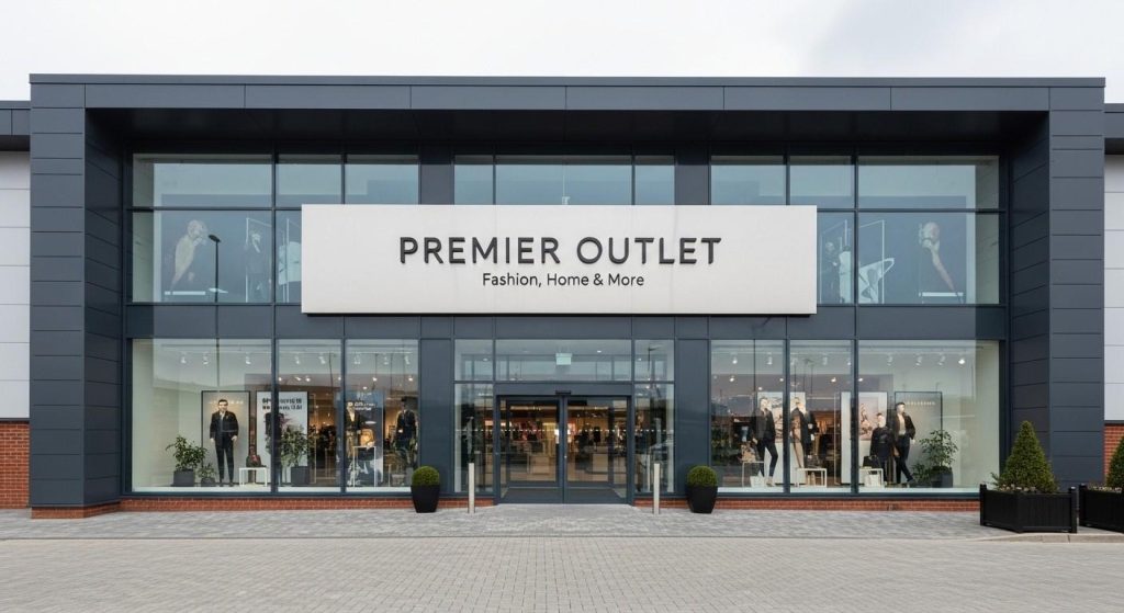 Shop Front Signage Ideas for High Streets and Retail Parks 2 Premium retail park unit in the UK with a brushed metal sign mounted above the entrance with elegant font and visible colours.