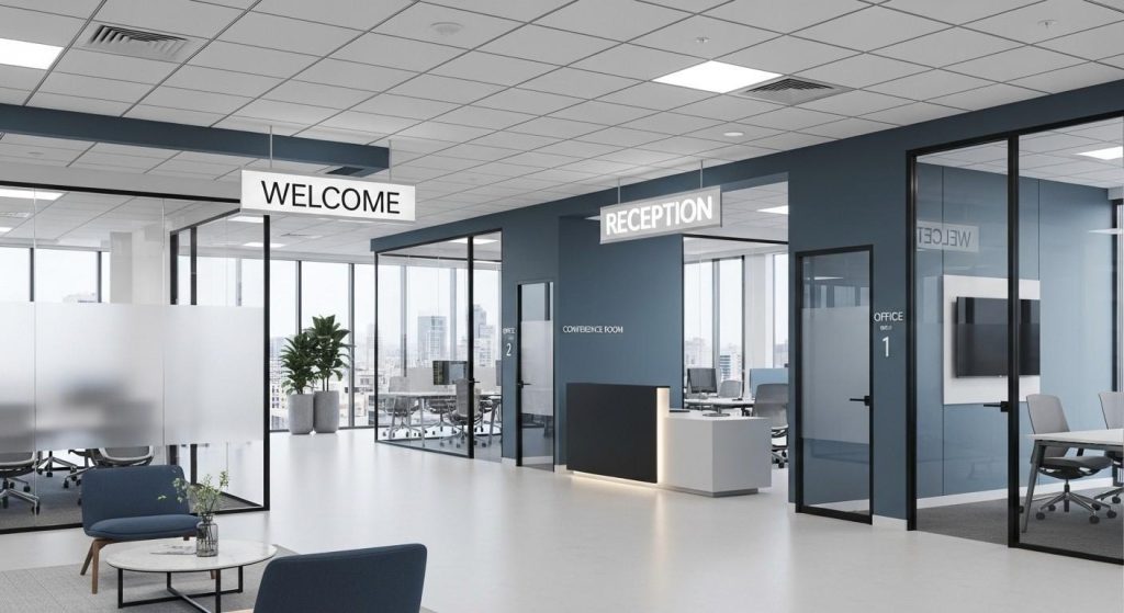 Indoor Sign Maintenance: How to Keep Your Signage Looking New 2 A clean and modern office interior with visible properly maintained indoor signs and a well-defined formal colour theme.