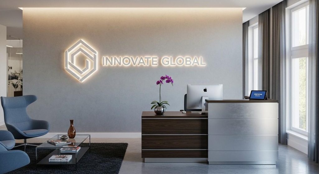Reception Signs That Create a Strong First Impression for Businesses 4 Modern UK office reception with a 3D acrylic reception sign displaying company logo behind the desk, creating a professional first impression.