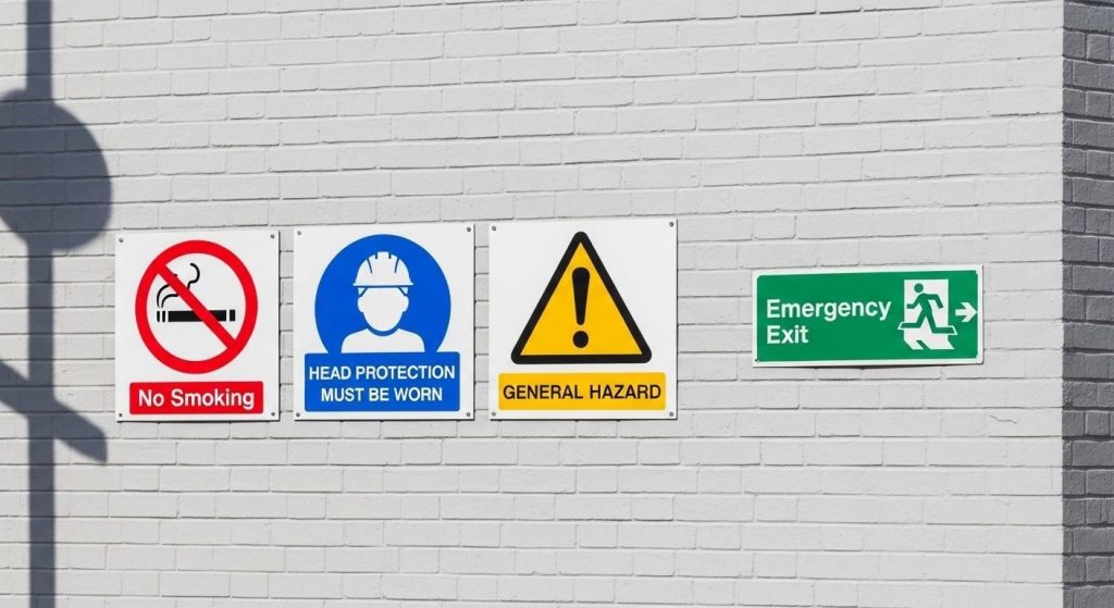 UK signage regulations : What Businesses Must Know 1 (Wall displaying four standard UK safety signs including a red prohibition sign, blue mandatory sign, yellow warning triangle, and green exit sign.) UK signage regulations