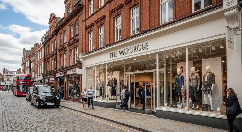 Shop Front Signage Ideas for High Streets and Retail Parks 8 High street retail shop in the UK with a clean, well-lit fascia sign above the entrance, visible to passing pedestrians.