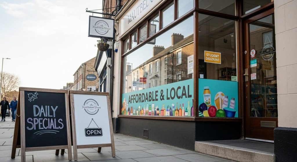Small UK shop using cost-effective business signage including pavement sign and window vinyl to improve visibility and ROI.