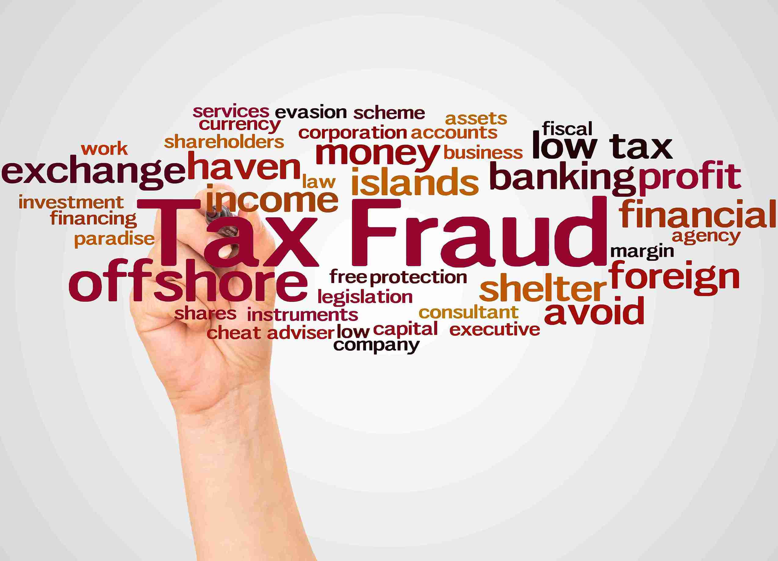 A hand holds a cloud of words related to tax avoidance. Central words include "Tax Fraud" and "offshore," surrounded by terms like "haven" and "money."