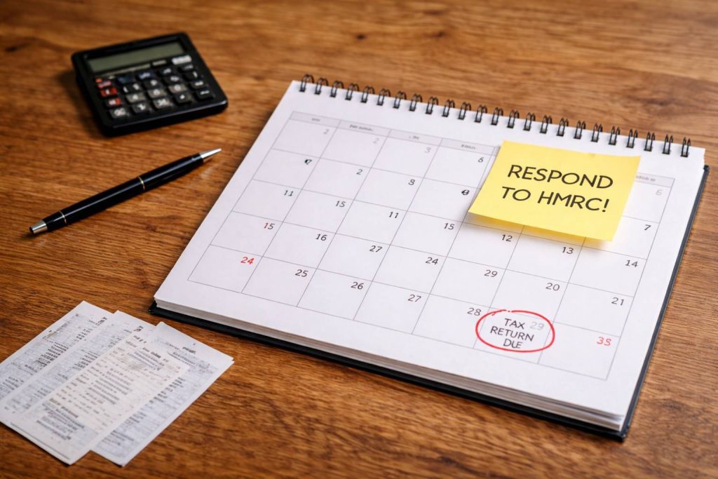 Calendar showing tax deadlines alongside self assessment tax return documents, illustrating stages of an HMRC investigation.