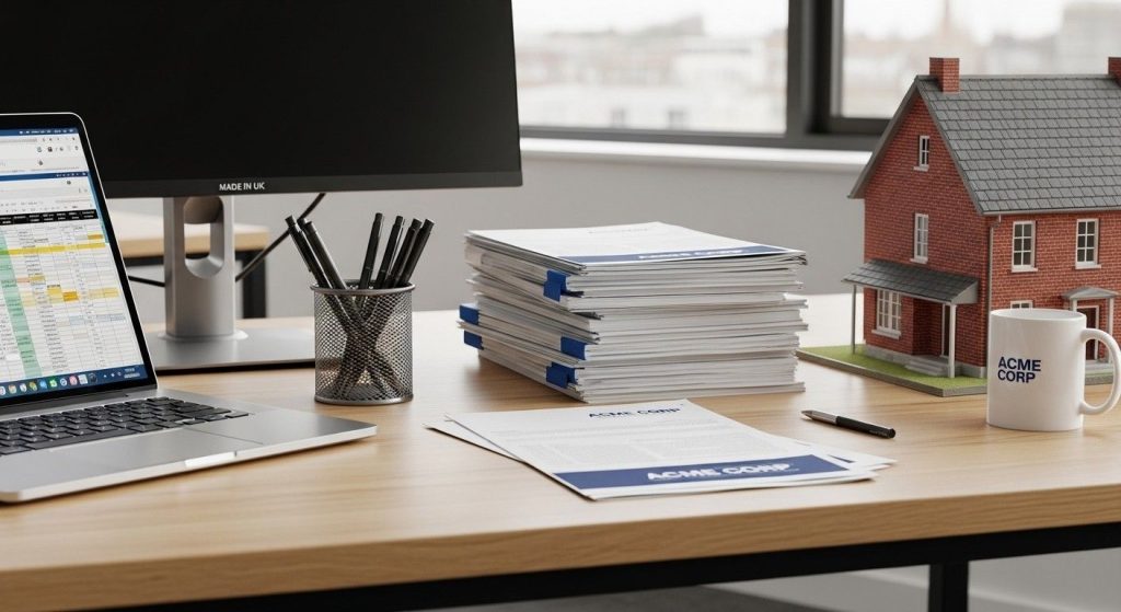 Modern UK office desk with company documents and house model, representing limited company buy-to-let tax planning.