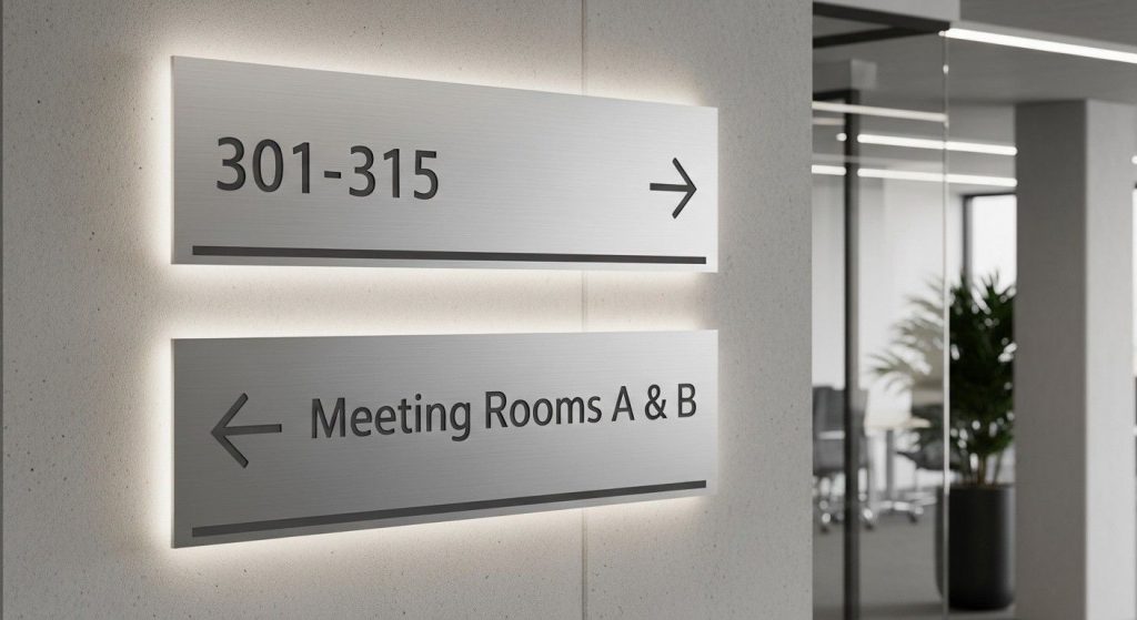 Wayfinding Signage: Improving Customer Experience in Large Buildings 10 Wall-mounted directional and identification signs in a modern UK office building, including office numbers and arrows pointing to meeting rooms.