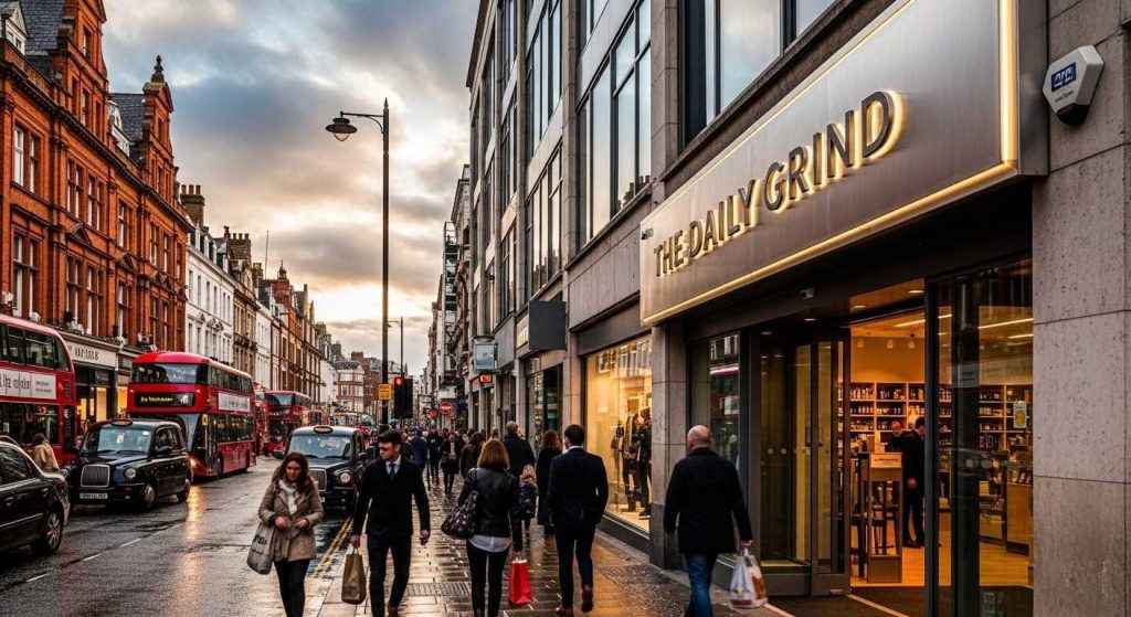 Best Materials for Outdoor weatherproof signage 7 Durable aluminium outdoor business sign on a UK high street shop attracting foot traffic in all weather conditions.
