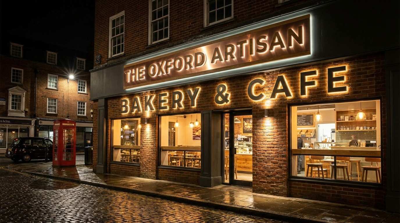 Front of a UK business showing 3d sign and 3d illuminated letters with LED lighting at night, highlighting brand visibility and professional look.