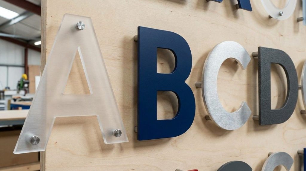 3d sign and 3d illuminated letters: Which One Is Best for Your Business in 2026? 1 (Acrylic letters and aluminium letters with brushed and powdercoat finishes, demonstrating material options for 3d sign and 3d illuminated letters.)3d sign and 3d illuminated letters