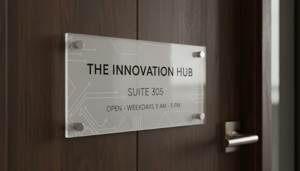 How Acrylic Door Signs Improve Navigation & Branding 10 Modern acrylic door sign with clear text mounted on a corporate wooden door, demonstrating style and visibility.