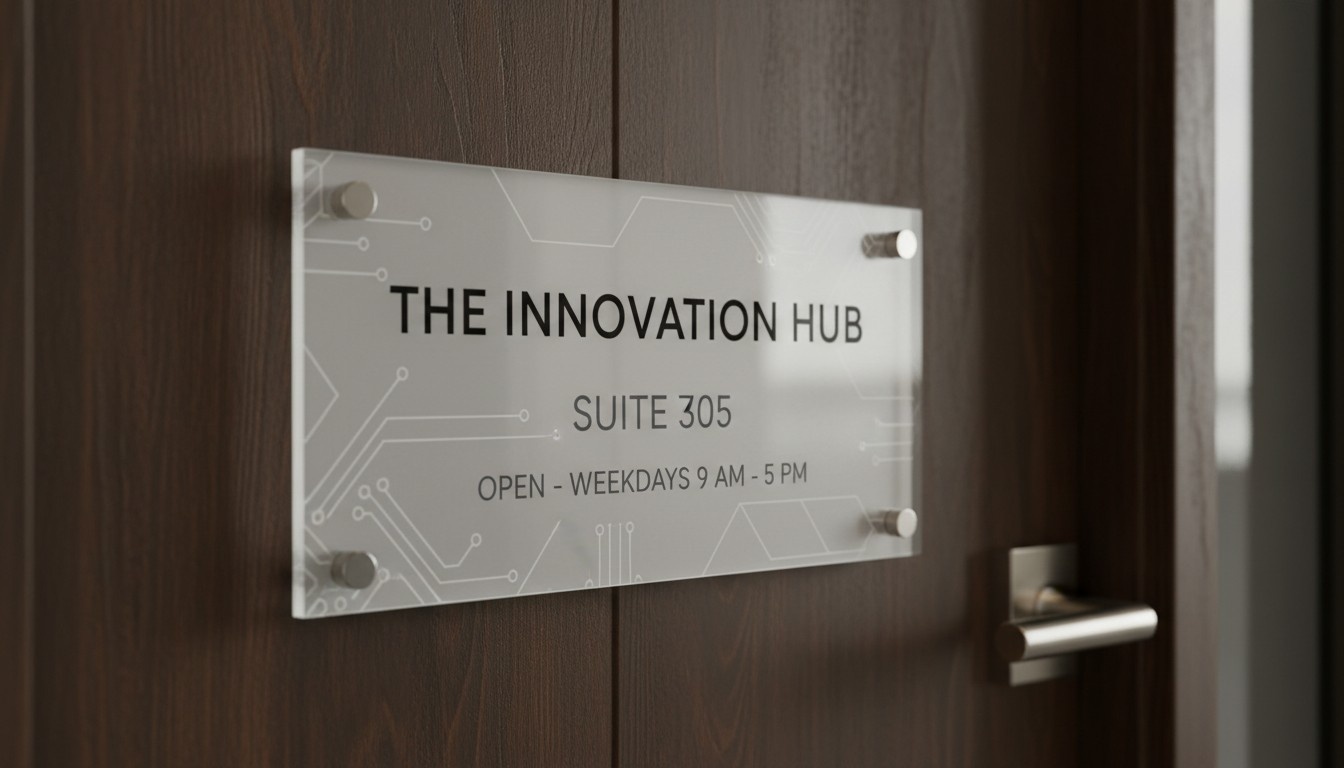Modern acrylic door sign with clear text mounted on a corporate wooden door, demonstrating style and visibility.