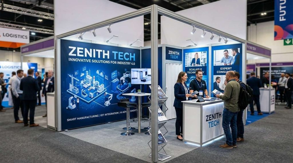 Exhibition Display Stands: A Practical Guide to Types & Engagement Strategies 2 Fabric exhibition display stand featuring high-quality printed graphics over an aluminium frame, highlighting smooth, wrinkle-free presentation for trade shows.